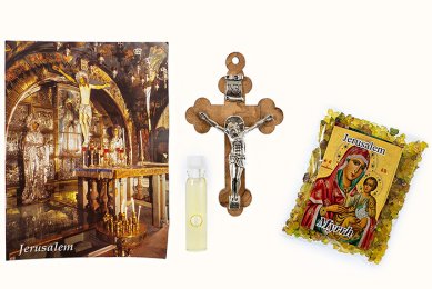 Утварь и подарки Набор Иерусалимский (открытка 6х8 см, крест из оливы с металлическим распятием, освященное оливковое масло, ладан) освящено на Гробе Господнем