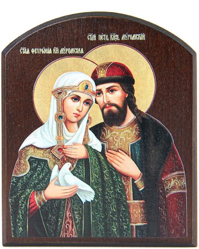 Иконы Петр и Феврония Муромские, икона на доске аркой, 10х12 см
