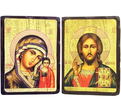 Иконы Венчальная пара Казанская Божия Матерь, Спаситель икона на дереве под старину (размер иконы 18 х 24 см)