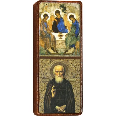 Утварь и подарки Троица и Сергий Радонежский, икона 9х4 см, освященная на мощах преподобного Сергия
