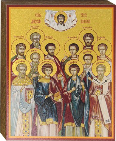 Иконы Собор 12-ти святых целителей, икона на дереве 12,5 х 16 см