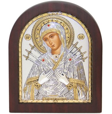 Иконы Семистрельная икона Божией Матери  в серебряном окладе, ручная работа (15 х 18 см)