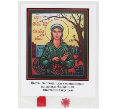 Иконы Анастасия Сидящая икона ламинированная с частицей плата и цветами, освященными на могиле блаженной, 8 х 11 см