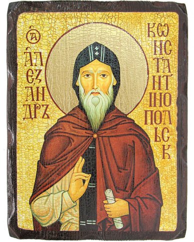 Иконы Александр Константинопольский, икона на доске под старину 18х24 см