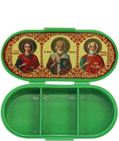 Утварь и подарки Таблетница (ладаница) с иконами целителя Пантелеимона, Николая Чудотворца и мученика Диомида