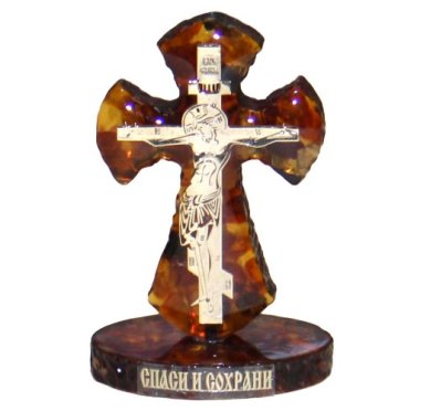 Утварь и подарки Крест на подставке из янтаря (клеевая основа, 4,5 х 3 см.)