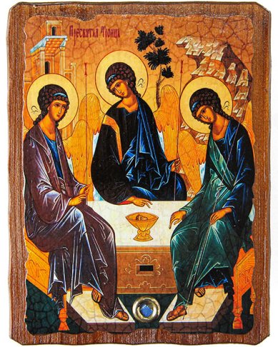 Утварь и подарки Троица, икона на доске 13х17 см с частицей покровца