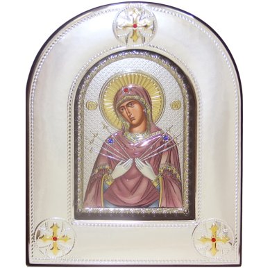 Иконы Семистрельная икона Божией Матери в серебряном окладе ручная работа (20 х 25 см)