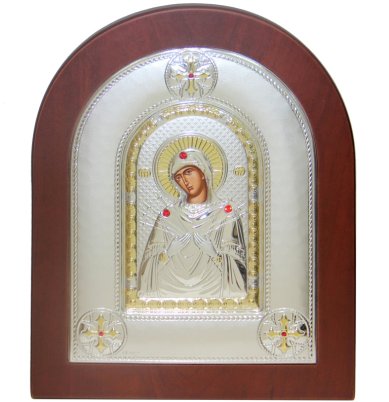 Иконы Семистрельная икона Божией Матери в серебряном окладе ручная работа (17,5 х 21,5 см)
