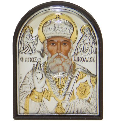 Иконы Николай Чудотворец в серебряном окладе на пластике (4,3 х 5,7 см)