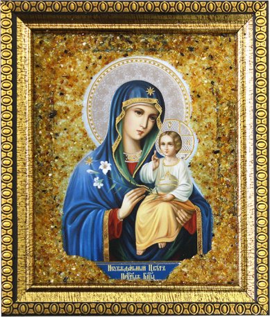 Иконы Неувядаемый Цвет, икона Божией Матери с янтарной крошкой, 14 х 16 см